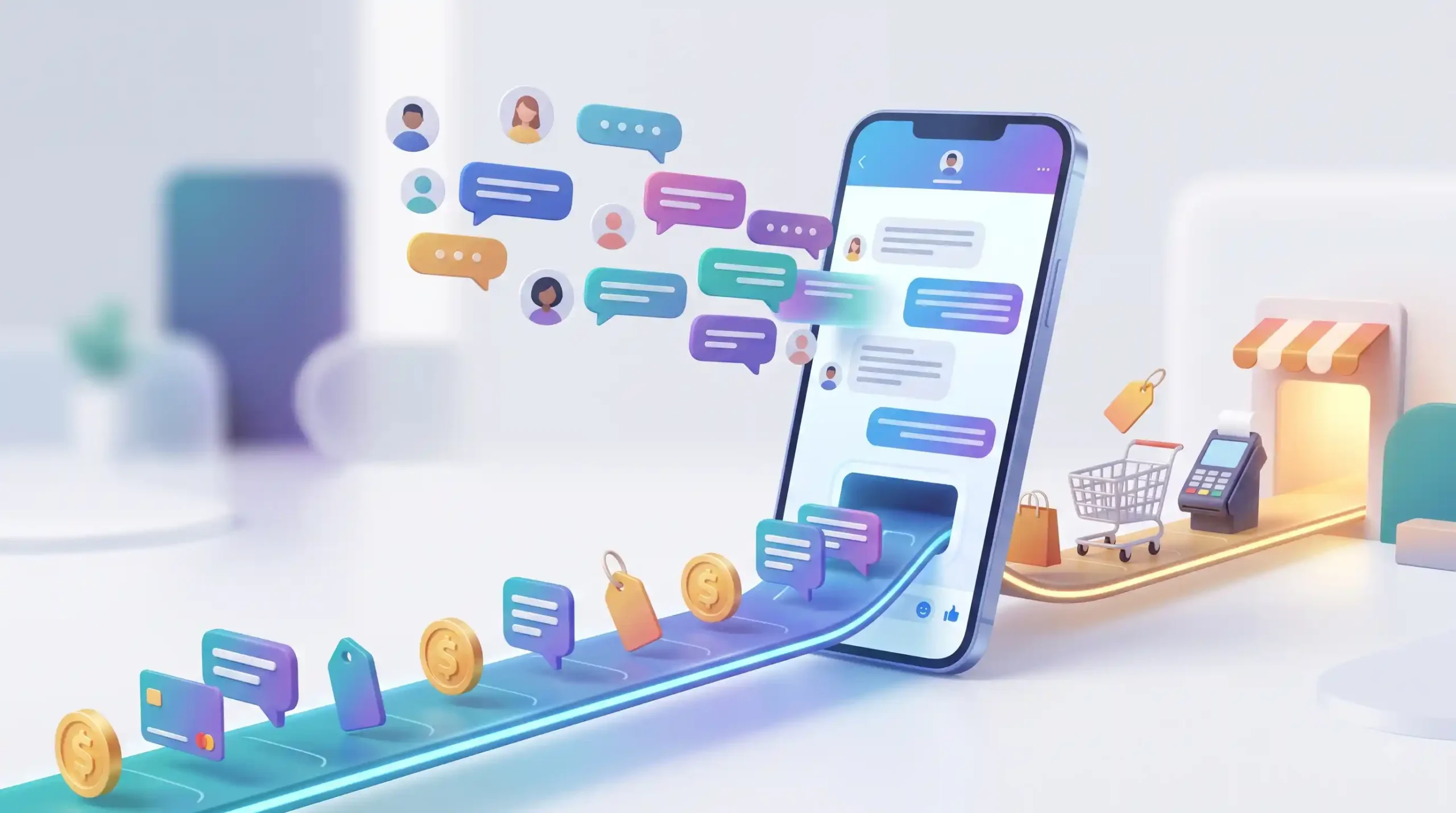 Ilustracja 3D smartfona z dymkami czatu połączonego ze stanowiskiem kasowym, symbolizująca automatyzację komunikacji i zamianę wiadomości w bezpośredni kanał sprzedażowy.
